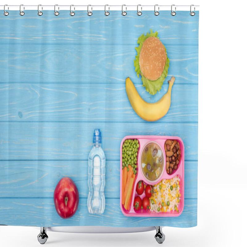Personality  Top View Of Tray With Kids Lunch For School, Bottle Of Water And Fruits On Blue Table Shower Curtains
