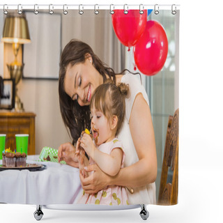 Personality  Mother Looking At Birthday Girl Eating Cupcake Shower Curtains