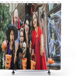 Personality  Creepy Family In Halloween Costumes Grimacing While Holding Buckets And Sweets Near House, Banner Shower Curtains