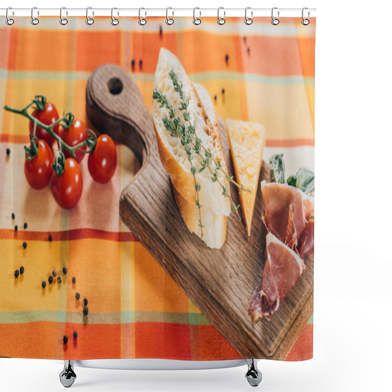 Personality  Top View Of Sliced Baguette, Meat And Parmesan Cheese On Wooden Cutting Board And Fresh Cherry Tomatoes On Table Top Shower Curtains