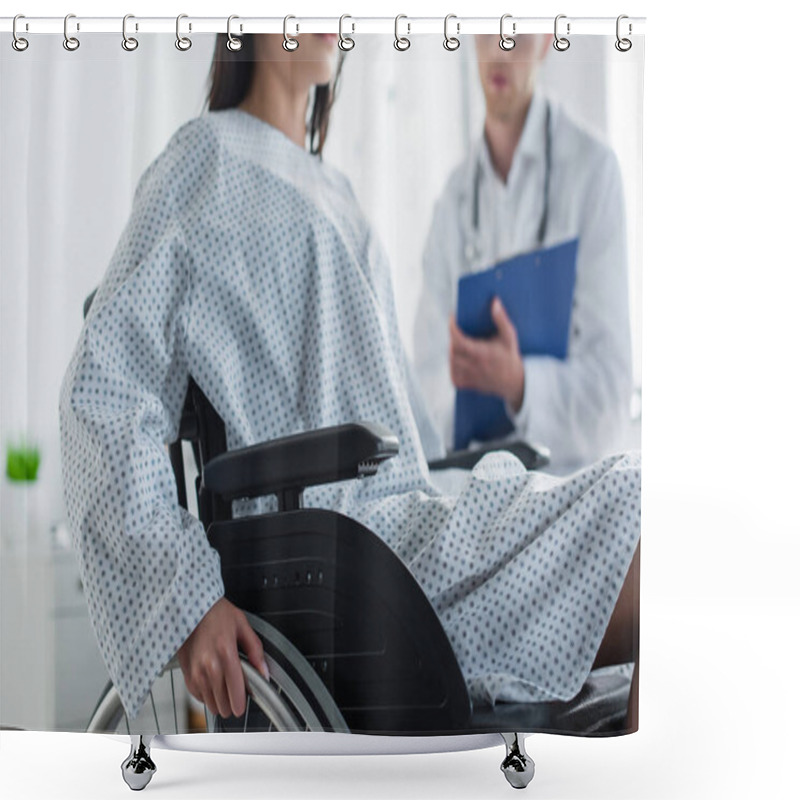 Personality  Cropped View Of Disabled Woman In Wheelchair Near Blurred Doctor  Shower Curtains