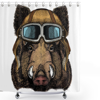 Personality  Portrait Of Wild Hog, Boar, Pig. Face Of Brave Animal. Vintage Aviator Helmet With Googles. Shower Curtains