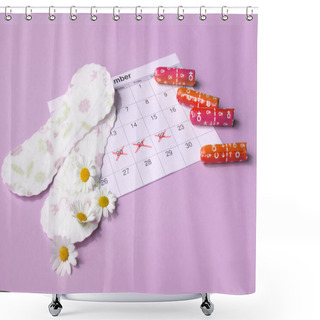 Personality  Menstrual Pads And Tampons On Menstruation Period Calendar With Chamomiles On Pink Background. The Concept Of Female Health, Personal Hygiene During Critical Days. Shower Curtains