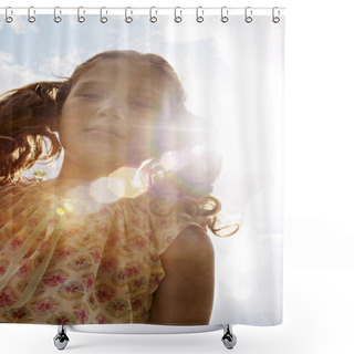 Personality  Portrait Of A Girl Against The Blue Sky With Sun Rays And Flare Coming Through. Shower Curtains