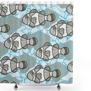 Personality  Vector Abstract Underwater Seamless Pattern In Blue. Simple Doodle Fish And Shadow And Water Surface Texture Made Into Repeat. Great For Background, Wallpaper, Wrapping Paper, Packaging, Travel. Shower Curtains