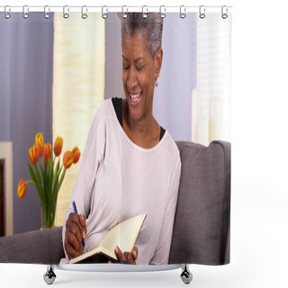 Personality  Mature Black Woman Writing In Journal Shower Curtains