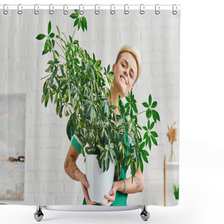 Personality  Eco-conscious Lifestyle, Positive And Stylish Tattooed Woman With Green Foliage Plant In Flowerpot Looking At Camera In Modern Living Room, Sustainable Home Decor And Green Living Concept Shower Curtains