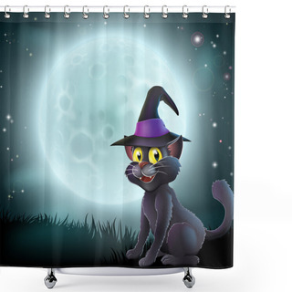 Personality  Halloween Full Moon Witch Cat Shower Curtains