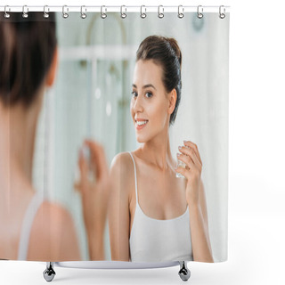 Personality  Beautiful Young Woman Holding Perfume Bottle And Looking At Mirror In Bathroom Shower Curtains