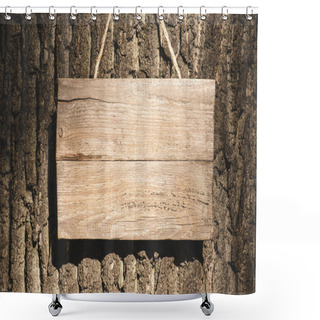 Personality  Empty Wooden Board Hanging On Grey Bark Of Tree Shower Curtains