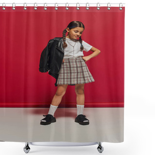 Personality  Trendy Brunette Preteen Girl With Hairstyle Posing In Leather Jacket And Plaid Skirt Holding Hand On Hip And While Standing On Red Background, Stylish Preteen Outfit Concept Shower Curtains