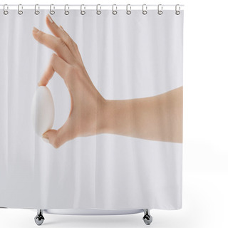 Personality  Cropped Image Of Hand Holding Egg On White Background Shower Curtains