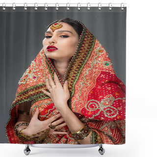 Personality  Elegant Indian Woman Posing In Traditional Sari And Accessories, Isolated On Grey  Shower Curtains
