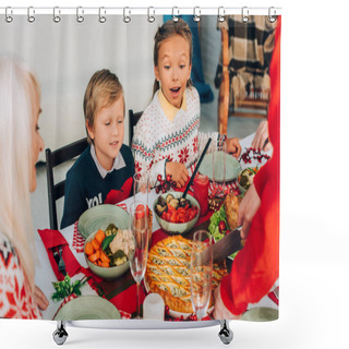 Personality  Selective Focus Of Excited Children Looking At Pie On Festive Table At Home Shower Curtains