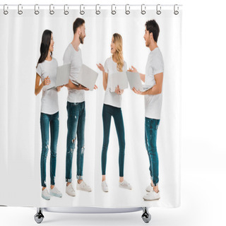 Personality  Emotional Young People Using Laptops And Talking Isolated On White Shower Curtains