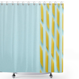 Personality  Flat Lay With Raw Penne On Blue Background With Copy Space Shower Curtains