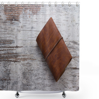 Personality  Hand Made Leather Notebook Over Wooden Vintage Background Shower Curtains
