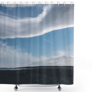 Personality  Black Volcanic Sand On Ocean Coast Of Jokulsarlon, Iceland Under Blue Sky With Clouds Shower Curtains