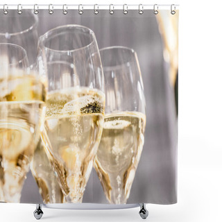 Personality  Bottle Of Champagne And Filled Glasses Decorated In Festive Theme Shower Curtains