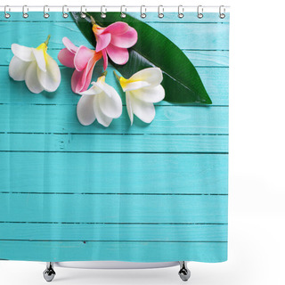 Personality  Tropical Plumeria Flowers On Wooden Background Shower Curtains