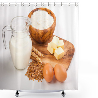 Personality  Glass Jug With Milk, Wheat Seeds, Flour And Two Eggs On White Ba Shower Curtains