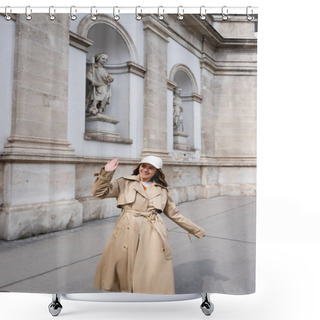 Personality  Happy Young Woman In Stylish Trench Coat And Baseball Cap Walking And Waving Hand Shower Curtains