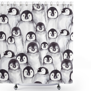 Personality  Seamless Pattern With Many Cute Baby Penguins. Watercolor Illustration. Shower Curtains