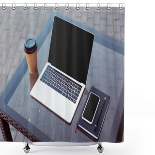 Personality  Smartphone And Laptop With Blank Screens On Table At Street Cafe Shower Curtains