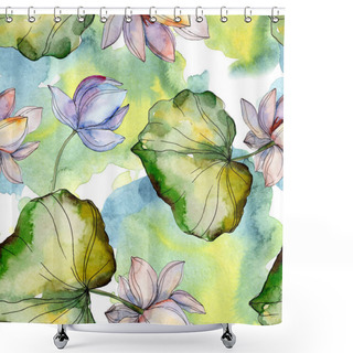 Personality  Blue And Purple Lotuses With Leaves. Watercolor Illustration Set. Seamless Background Pattern. Fabric Wallpaper Print Texture. Shower Curtains