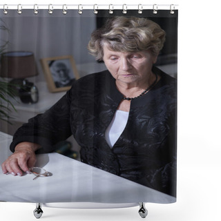 Personality  Bereaved Woman Sitting Beside Table Shower Curtains