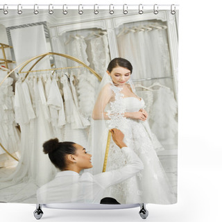 Personality  A Young Brunette Bride In A Wedding Dress Is Being Measured By An African American Shopping Assistant In A Bridal Salon. Shower Curtains