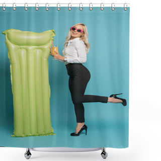 Personality  Full Length View Of Happy Businesswoman In Sunglasses Holding Orange Juice And Inflatable Mattress On Blue Background Shower Curtains