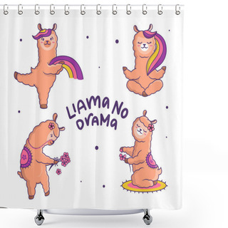 Personality  Set Of Cute Llama. Cartoonish Animals With Rainbow. Shower Curtains