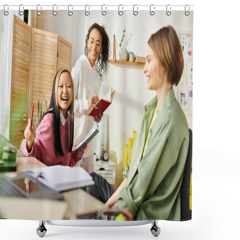 Personality  A Diverse Group Of Teenage Girls Of Different Races Sitting Around A Table With Books, Studying And Engaging In Lively Discussions. Shower Curtains