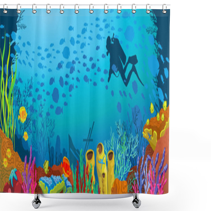 Personality  Cartoon colored coral reef and diver shower curtains