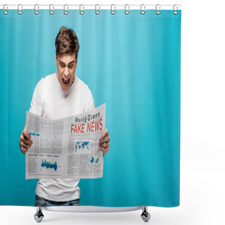 Personality  Angry Man Yelling While Reading Newspaper With Fake News On Blue Background Shower Curtains