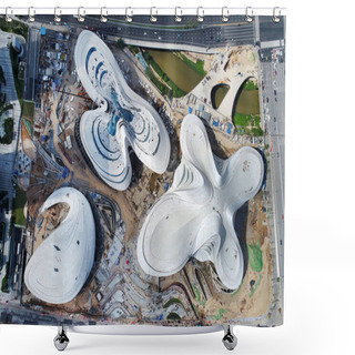 Personality  Aerial View Of Venues Under Construction At The Changsha Meixihu International Culture And Art Centre Designed By Iraqi-British Architect Zaha Hadid In Changsha City, Central China's Hunan Province, 28 August 2017 Shower Curtains