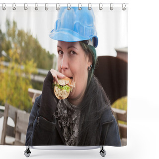 Personality  Female Worker Eating Sandwich Shower Curtains
