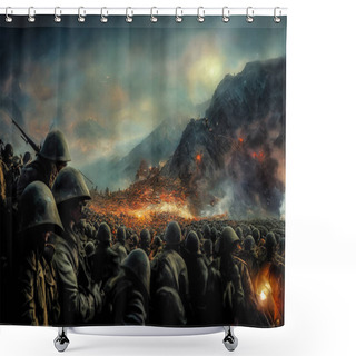 Personality  Soldiers Ready To Go Into The Battlefield. World War 1 Themed Wallpaper Background Featuring Western Military Surrounded By Smoke. Troops In 1914 Historical Warfare Drawing Going To Front With Guns Shower Curtains