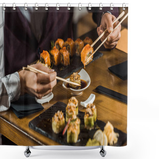 Personality  Cropped View Of People Dipping Sushi Rolls In Soy Sauce In Restaurant Shower Curtains