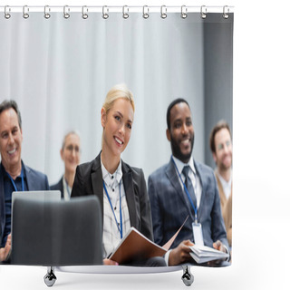 Personality  Cheerful Businesswoman With Paper Folder Sitting Near Multiethnic Colleagues During Seminar  Shower Curtains