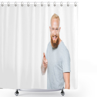 Personality  Cheerful Bearded Man In Grey T-shirt Pointing At You Isolated On White Shower Curtains