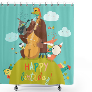 Personality  Cute Birthday Card With Animals And Music Shower Curtains