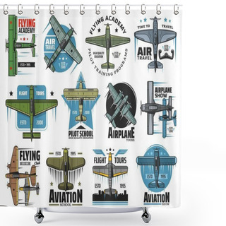Personality  Flight School Vector Icons. Vintage Plane Flying In Sky, Airplane Aviation School And Commercial Pilot Flight Training Program, Airplane Show, Educational Courses, Aviators And Fliers Academy Labels Shower Curtains