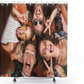 Personality  Portrait Of Joyful Hippies Men And Women Smiling And Lying On Blanket In Circle Outdoor Shower Curtains