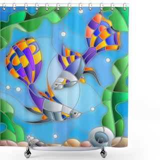 Personality  Illustration In Stained Glass Style With A Pair Of Guppies On The Background Of Water And Algae Shower Curtains