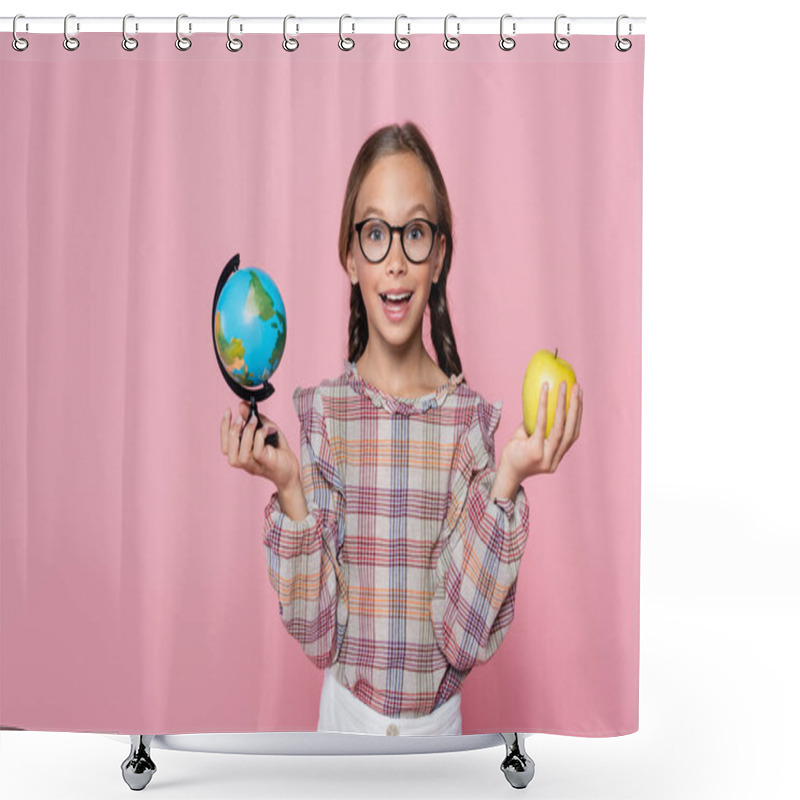 Personality  Amazed Girl With Green Apple And Small Globe Looking At Camera Isolated On Pink Shower Curtains