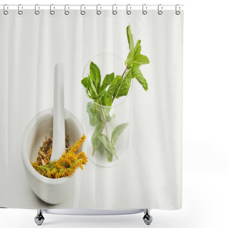 Personality  Mortar And Pestle With Herbal Mix Near Glass With Fresh Mint On White Background Shower Curtains