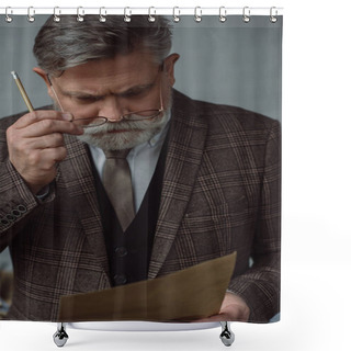 Personality  Thoughtful Senior Man With Pencil And Sheet Of Paper Shower Curtains