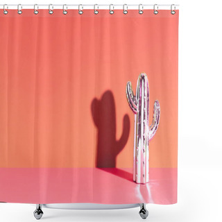 Personality  Creative Golden Cactus On Living Coral Background. Color Of The Year 2019. Shower Curtains